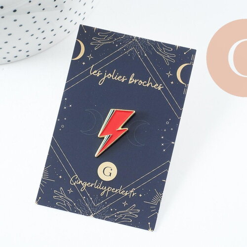 Broche pin's éclair zamac doré émail rouge 28mm, x1 (g9745)