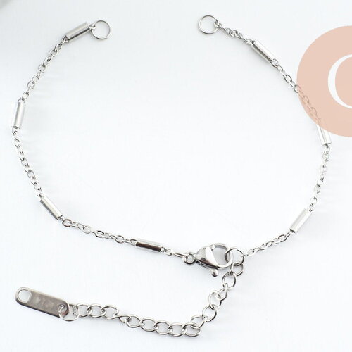 Base de bracelet fine maille tube acier inoxydable 304 platine avec anneaux 15.8mm, x1 (g9498)