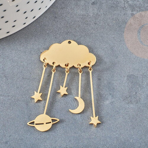 Pendentif acier doré nuage et constellations 49mm, breloque , acier inoxydable doré, pendentif sans nickel, x1 (g5736)