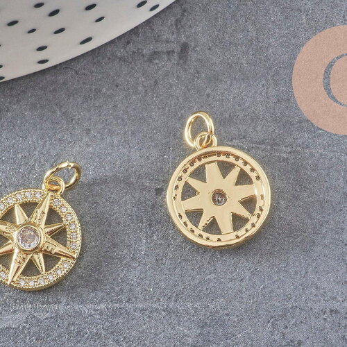 Pendentif médaille ronde boussolle étoile laiton doré 18k zircons 16mm, x1 (g3586)