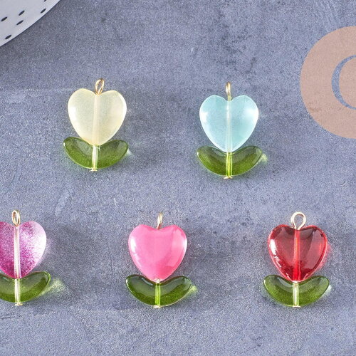 Breloque fleur tulipe coeur verre coloré acier 304 inoxydable doré, x5 (g10657)
