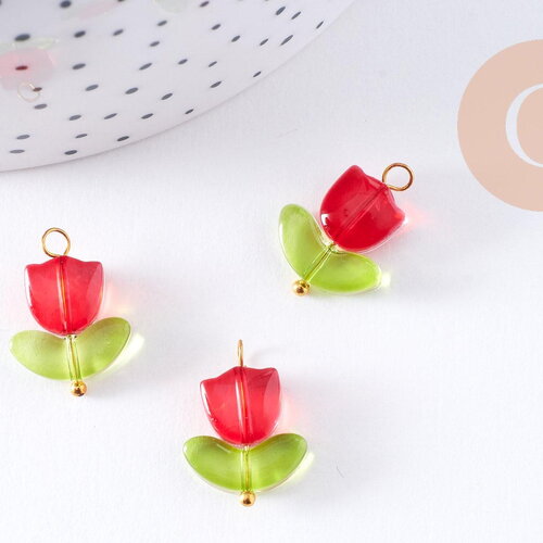 Breloque fleur tulipe verre rouge laiton doré 20mm, x5 (g10626)