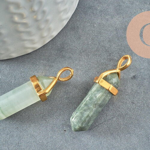 Pendentif pointe quartz vert naturel zamac doré 40mm, x1 (g2984)