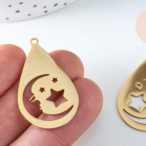 Pendentif acier doré lune étoile 38mm, breloque doré, acier inoxydable doré, pendentif sans nickel, x1 (g6347)