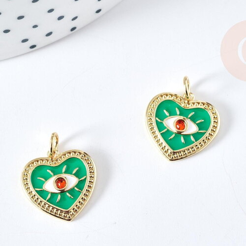 Pendentif médaille coeur oeil émail vert laiton doré 18k et cristal zircon 15mm,pendentif laiton amour , x1 g3355