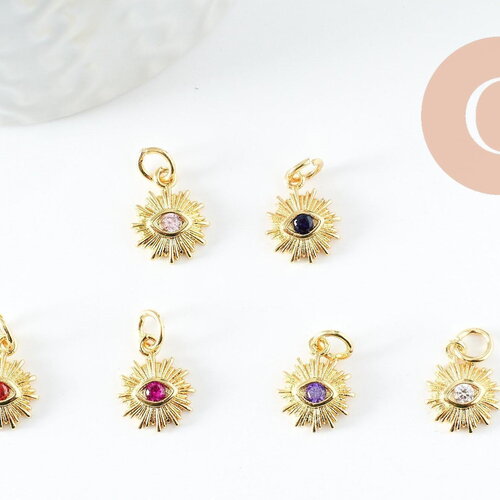 Pendentif soleil laiton doré 18k zircon, pendentif en cristal pour création bijoux porte bonheur pour femme en zircon,12.5mm, x1 (g6195)