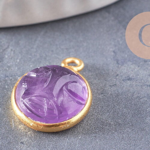 Pendentif visage de lune améthyste naturel argent 925 doré 18k 19mm,pendentif amulette pierre naturelle x1 (g9874)