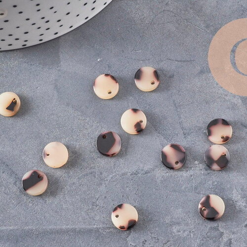 Pendentif rond beige acétate,perle acétate, perles plastique,connecteur plastique, 10mm x2 ou x10 (g2177)