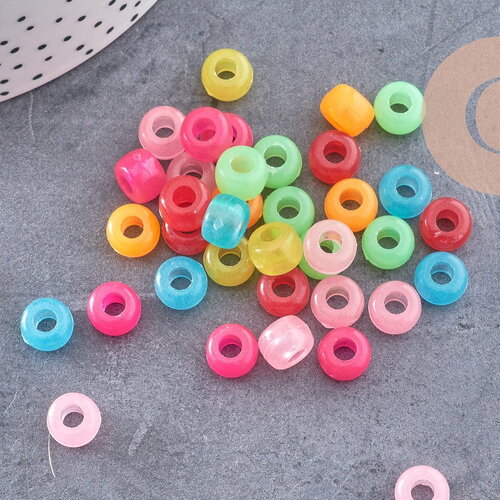 Perle rondelle en plastique translucide multicolore 9mm , perle phosphorescente, couleurs mélangées, x50 (12.9g) (g9307)