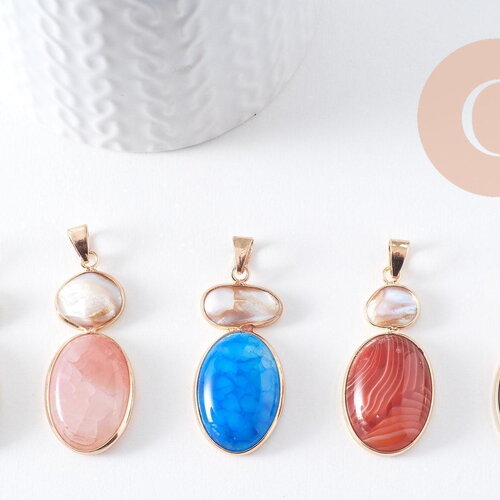 Pendentif ovale agate naturelle colorée et perle d'eau douce naturelle laiton doré 42-43mm, x1 (g10345)