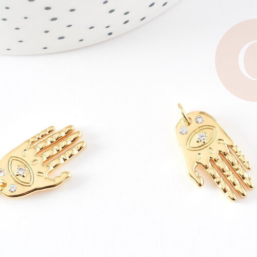 Breloque main oeil protecteur zamac doré 18k cristal zircon 25mm,création bijoux chance x1 (g8746)