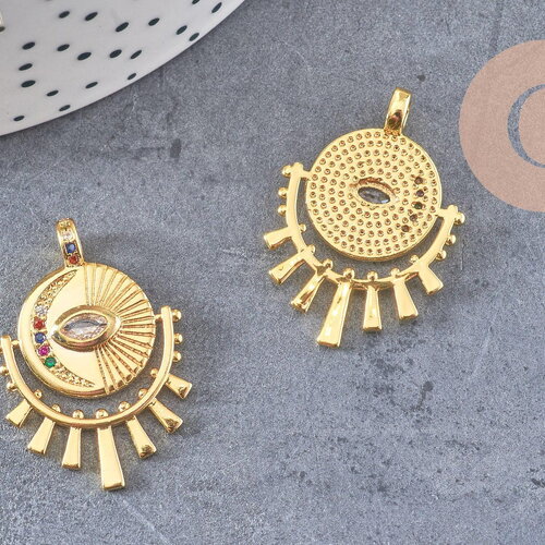 Pendentif médaille ronde oeil laiton doré 18k zircons 31mm, x1 (g4656)
