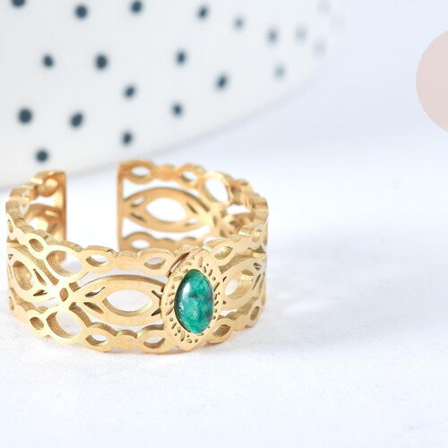 Bague réglable dentelle pierre de synthèse acier doré taille 54, x1 (g7008)