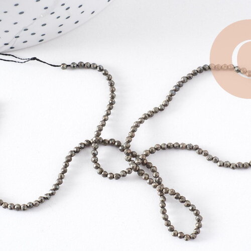 Perles rondes pyrite naturelle facettée 2mm, x1 fil de 40cm (g4046)