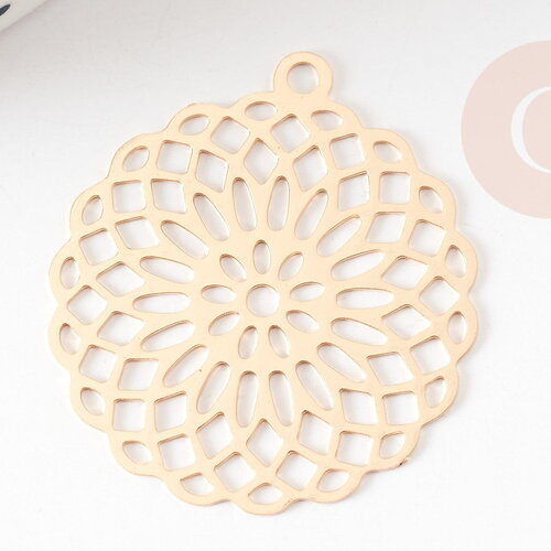 Pendentif estampe filigrane rond fleur laiton doré 30mm, pendentif très fin et léger pour création de bijoux, x2 g9276