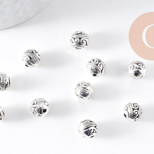 Perle ronde intercalaire zamac argent gravé 8mm, x10 (g10304)