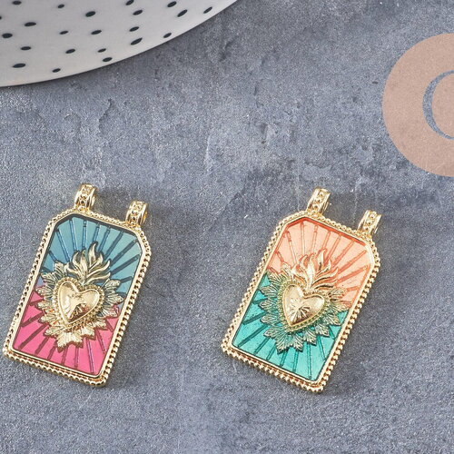 Pendentif rectangle émaillé coeur sacré laiton 18k 26.5mm, x1 (g10944)