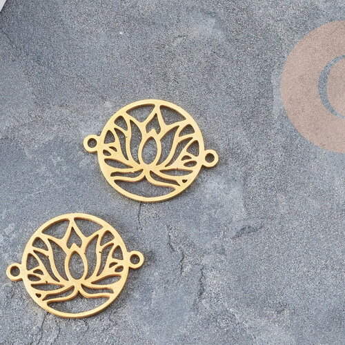 Pendentif connecteur fleur de lotus acier 201 inoxydable doré 17.5mm, création bijoux acier, x1 (g6025)