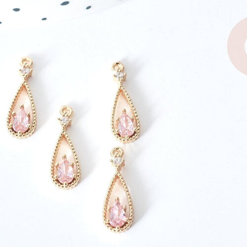 Pendentif goutte laiton doré zircons rose clair 17,5mm, pendentif création bijoux, x1 g8084