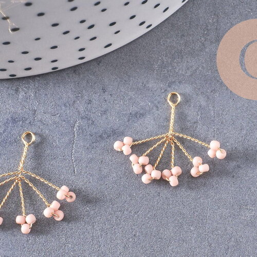 Pendentif fleur flocon perle rocaille rose laiton doré, pendentif bijou laiton, 21mm, x2 (g3789)