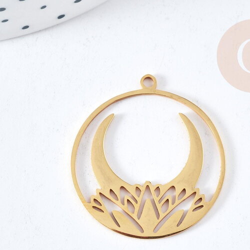 Pendentif rond croissant de lune nénuphar acier 201 doré inoxydable 32mm, x1 (g8814)