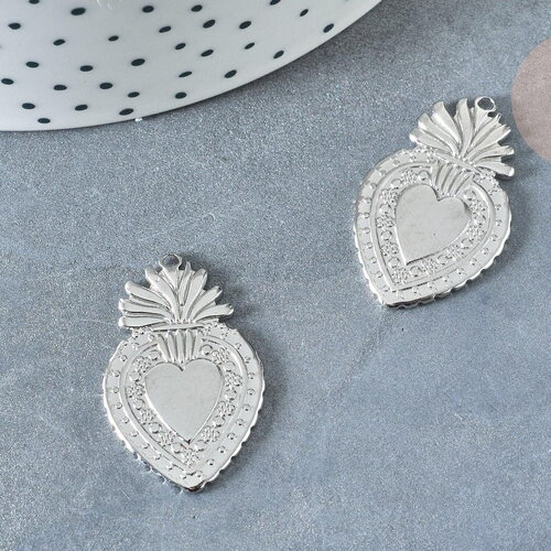 Pendentif cœur sacré acier 304 inoxydable platine 30mm, x1 (g8018)