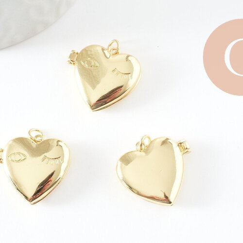 Pendentif locket cœur porte-photo laiton doré 18k 21-22mm, x1 (g9549)