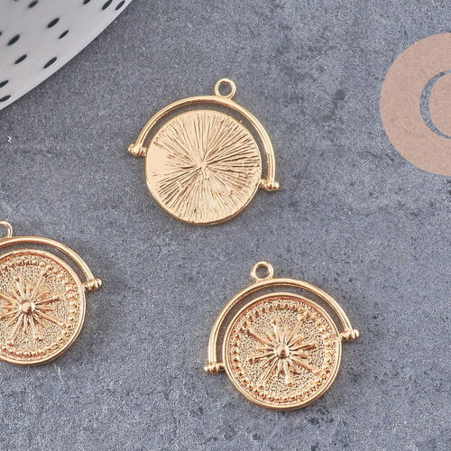 Pendentif médaille ronde boussolle étoile laiton doré 18k, un pendentif doré boussole pour création bijoux, x1 (g6080)