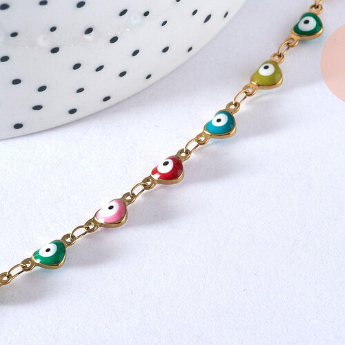Collier chaine acier dorée 14k mauvais oeil résine colorée,chaine collier fantaisie, chaine complète,10mm, 45cm, x1 g5352
