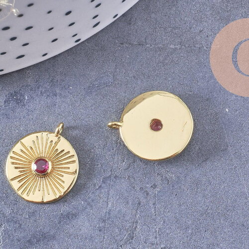 Pendentif médaille ronde soleil laiton doré zircon rouge 16.5mm, x1 (g3473)