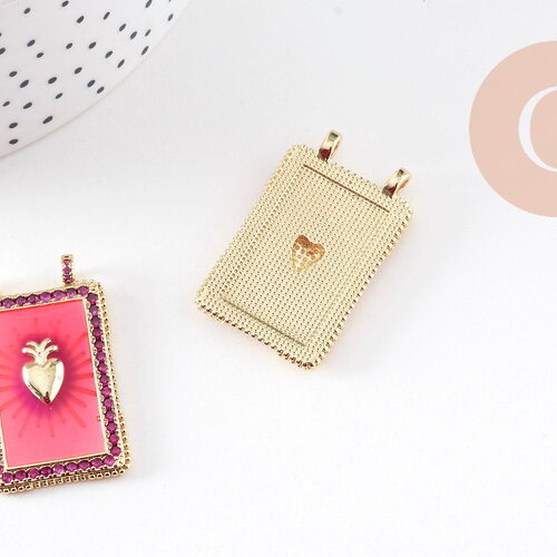 Pendentif rectangle émaillé coeur sacré rose zircons laiton doré 36mm, x1 (g10941)