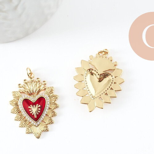 Pendentif cœur ex-voto zircon émail rouge laiton doré 18k 32mm, x1 (g9548)