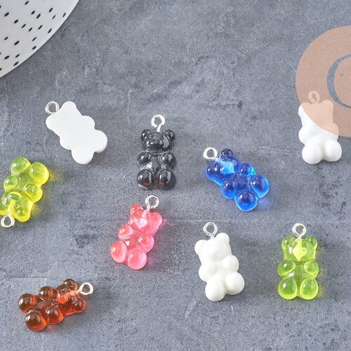 Pendentif ourson résine colorée platine 21mm, x10 (g4987)