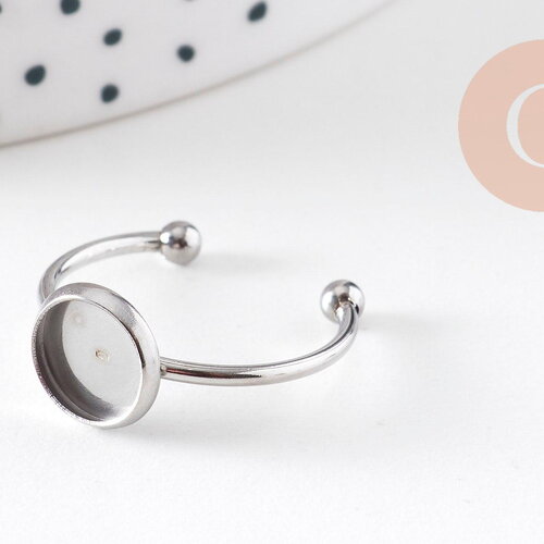 Bague réglable pour cabochon 8mm acier platine inoxydable 18mm, x1 (g10936)