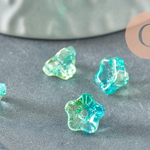 Perles fleur verre tchèque bleu vert transparent 8.5mm, x10 (g9836)