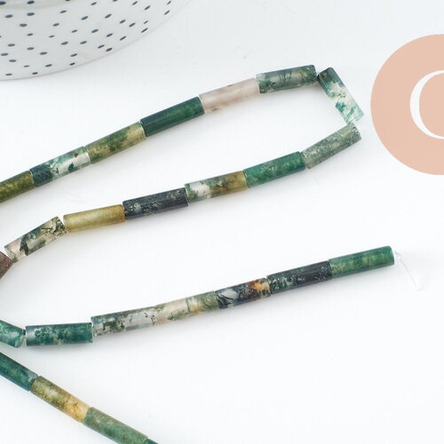 Perle tube agate mousse naturelle 13-14mm, x1 fil de 40cm (g2545)