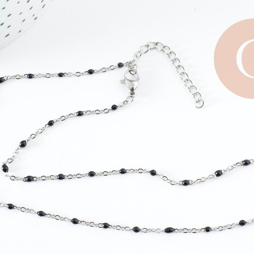 Collier chaine avec fermoir acier inoxydable platine résine noire 2mm-40.5cm, x1 (g10010)