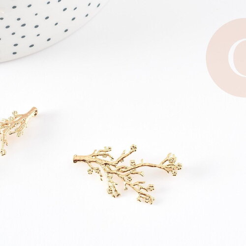 Pendentif branche feuille laiton doré 18k 37.5mm, x1 (g3566)