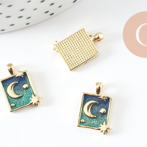 Pendentif carré lune et étoile bleu laiton doré 17mm, pendentif astrologie, pendentif laiton, fabrication de bijoux fantaisie, x1 g8865