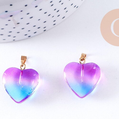 Pendentif coeur verre bleu rose transparent fer doré 22mm, x1 (g10622)