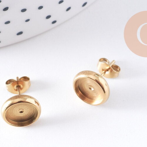 Clous-puces oreille support cabochon 8mm acier 304 inoxydable dore ip, x10 (g10608)
