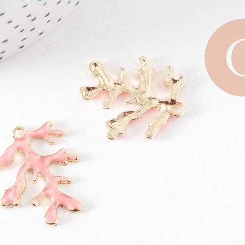 Pendentif branche de corail zamac doré émail rose 30mm, x1 (g9690)