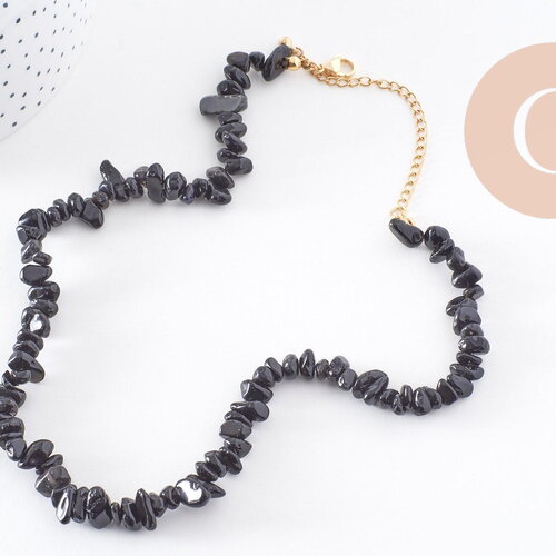 Collier obsidienne noire naturelle chips acier 304 inoxydable doré 40cm, x1 (g10266)