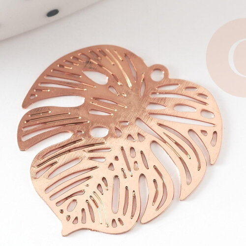 Pendentif estampe filigrane feuille monsterosa laiton or rose, pendentif très fin et léger, 18x 18mm, x2 (g3695)