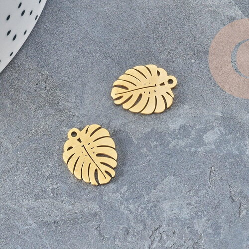 Pendentif feuille monsterosa acier 201 doré inoxydable 17mm, x1 (g5690)