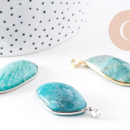 Pendentif feuille amazonite naturelle laiton platine ou doré 34-46mm, x1 (g10927)