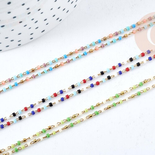 Collier chaine complète acier inoxydable 304 doré perles rocaille multicolores artisanales 40.7cm, x1 g8777