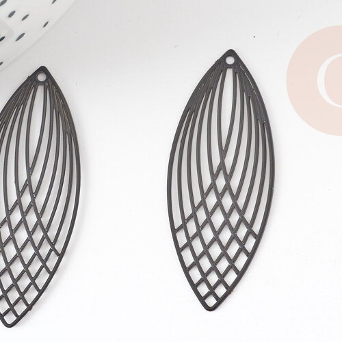 Pendentif estampe filigrane feuille ovale laiton noir 40x16mm, x2 (g3702)