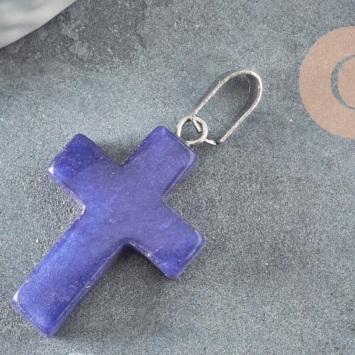 Pendentif croix jade naturel bleu acier inoxydable 29mm,pendentif pierre, support argent, x1 (g0499)
