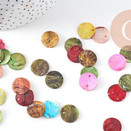 Pastilles rondes nacre multicolore, bouton nacre,pendentif nacre, coquillage naturel,1.4cm, x 10 (g1071)